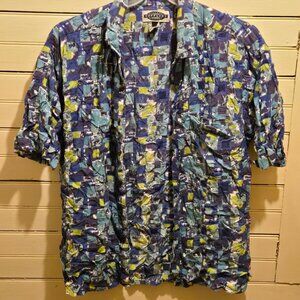 Supplies Shirt Mens M Blue Green Abstract Crinkle Short Sleeve Button Up Casual